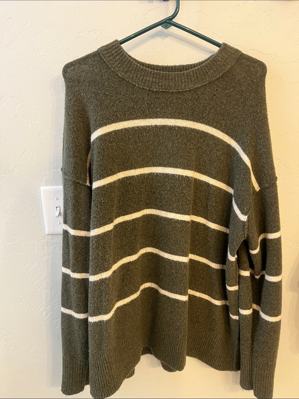 aerie Olive Green & White Striped Crewneck Sweater
